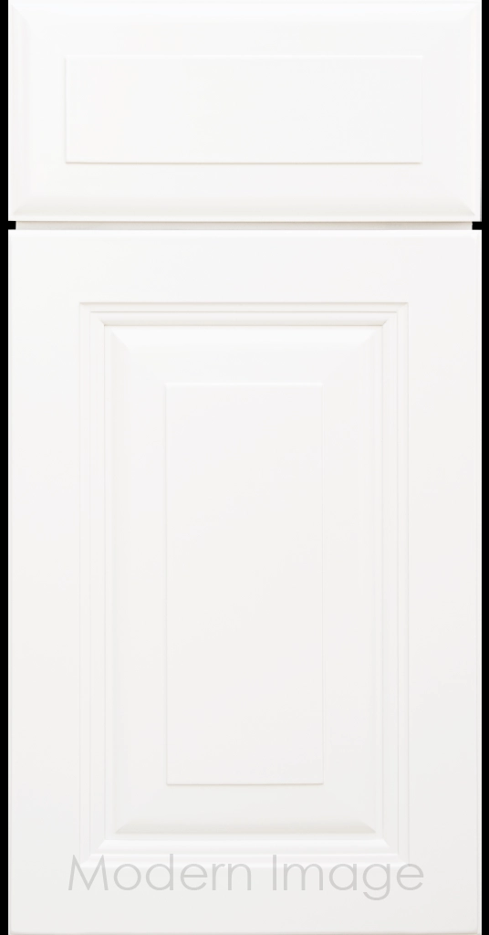 Durango raised panel cabinet door in a Frost White color featuring a stepped molded frame.